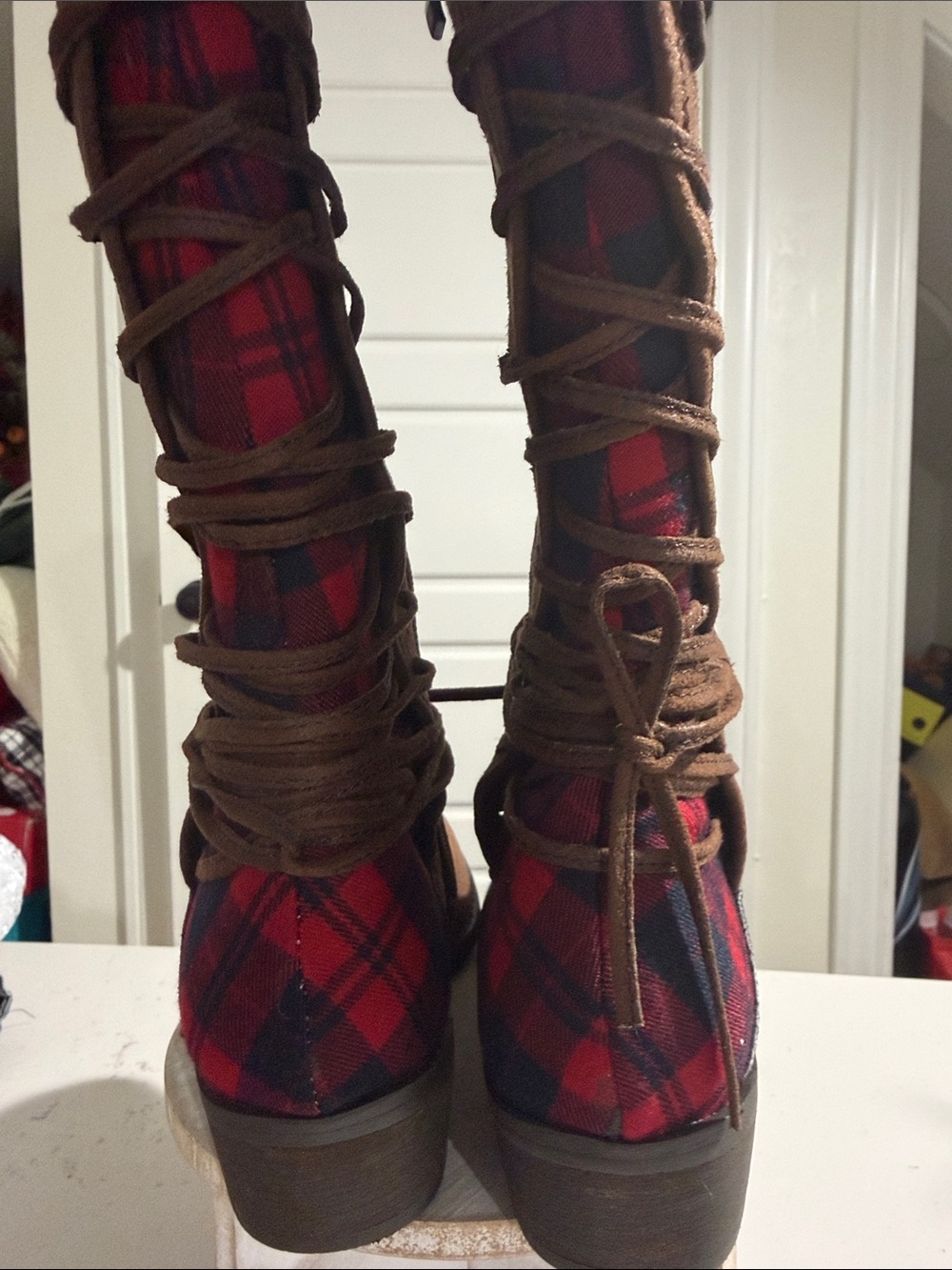 Women’s Red Plaid Lace-Up Ankle Boots